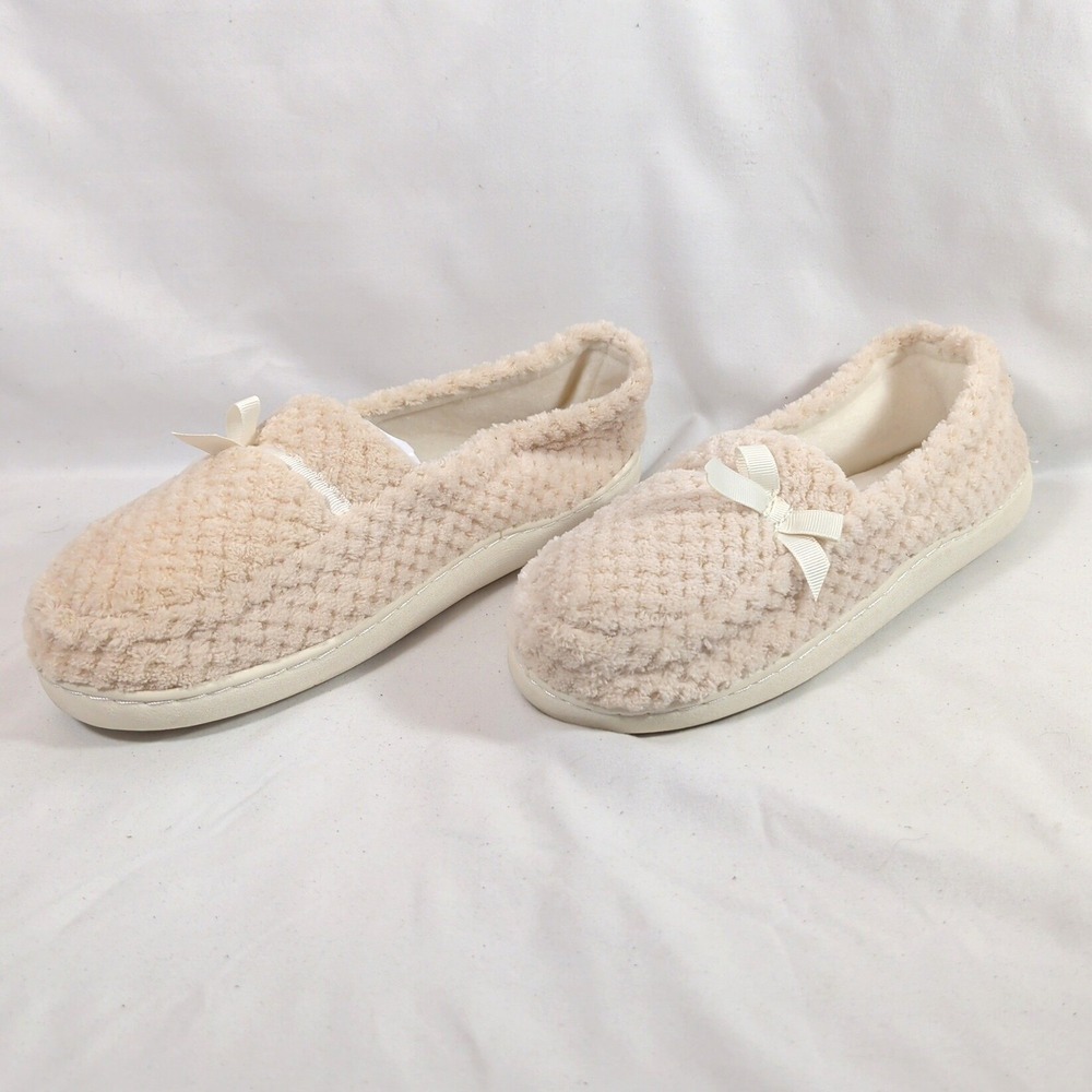 Aerosoles Cream Slippers; Faux Fur Bow Accent Moccasin, LIKE NEW